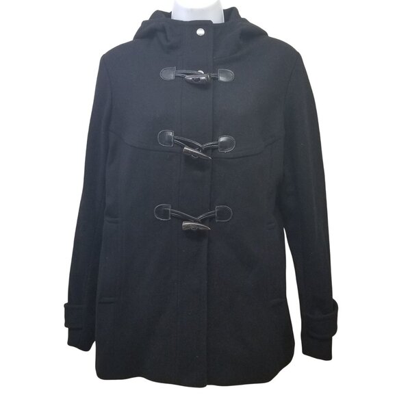 Michael Kors 10 Black Pea Coat Wool Blend Toggle Closure Hood Military Officer - Picture 1 of 6